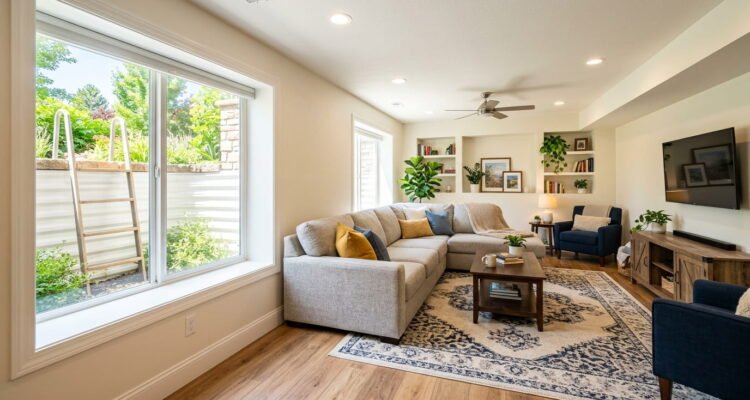 Bright, finished basement living room with couch, area rug, and natural light from an egress window