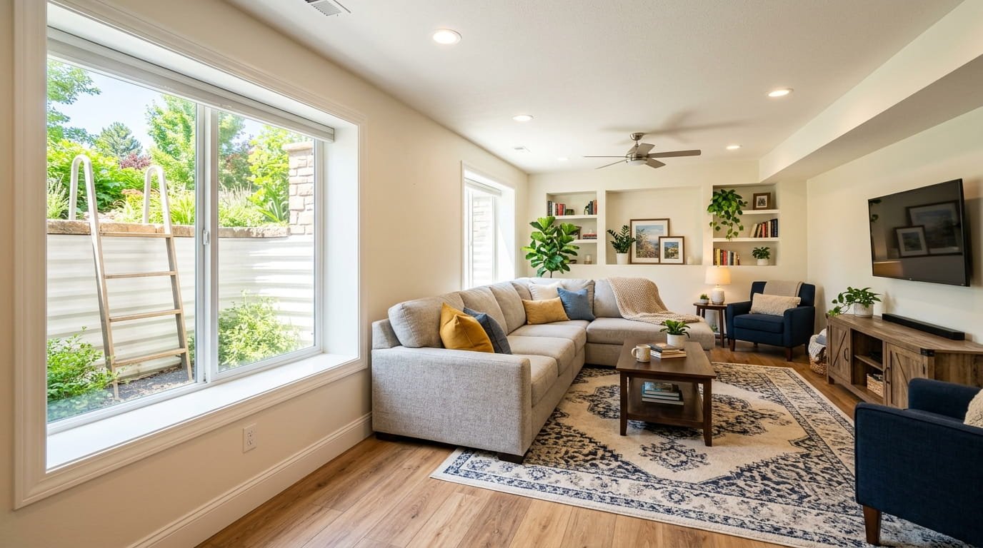 Bright, finished basement living room with couch, area rug, and natural light from an egress window