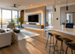 Modern smart home interior with ambient lighting and a smart display on a kitchen counter