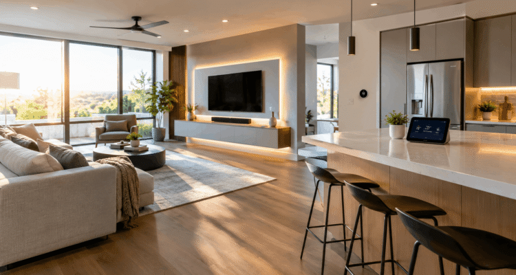 Modern smart home interior with ambient lighting and a smart display on a kitchen counter