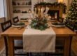 Neutral linen table runner draped with exact overhang on a wooden dining table