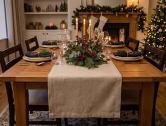Neutral linen table runner draped with exact overhang on a wooden dining table