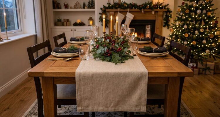 Neutral linen table runner draped with exact overhang on a wooden dining table