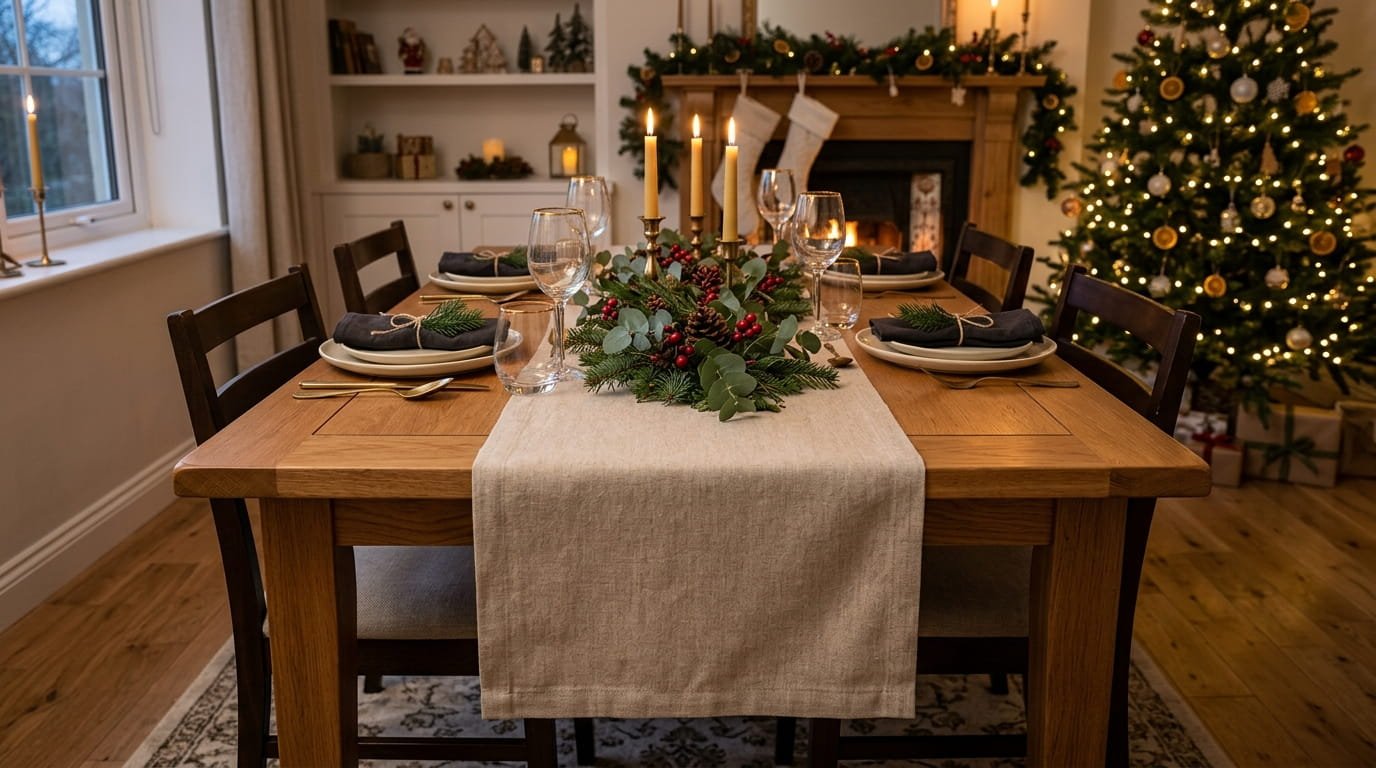 Neutral linen table runner draped with exact overhang on a wooden dining table