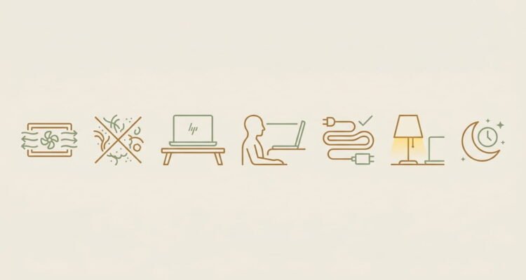 Seven rules for using an HP laptop on a bed safely, shown as icons.