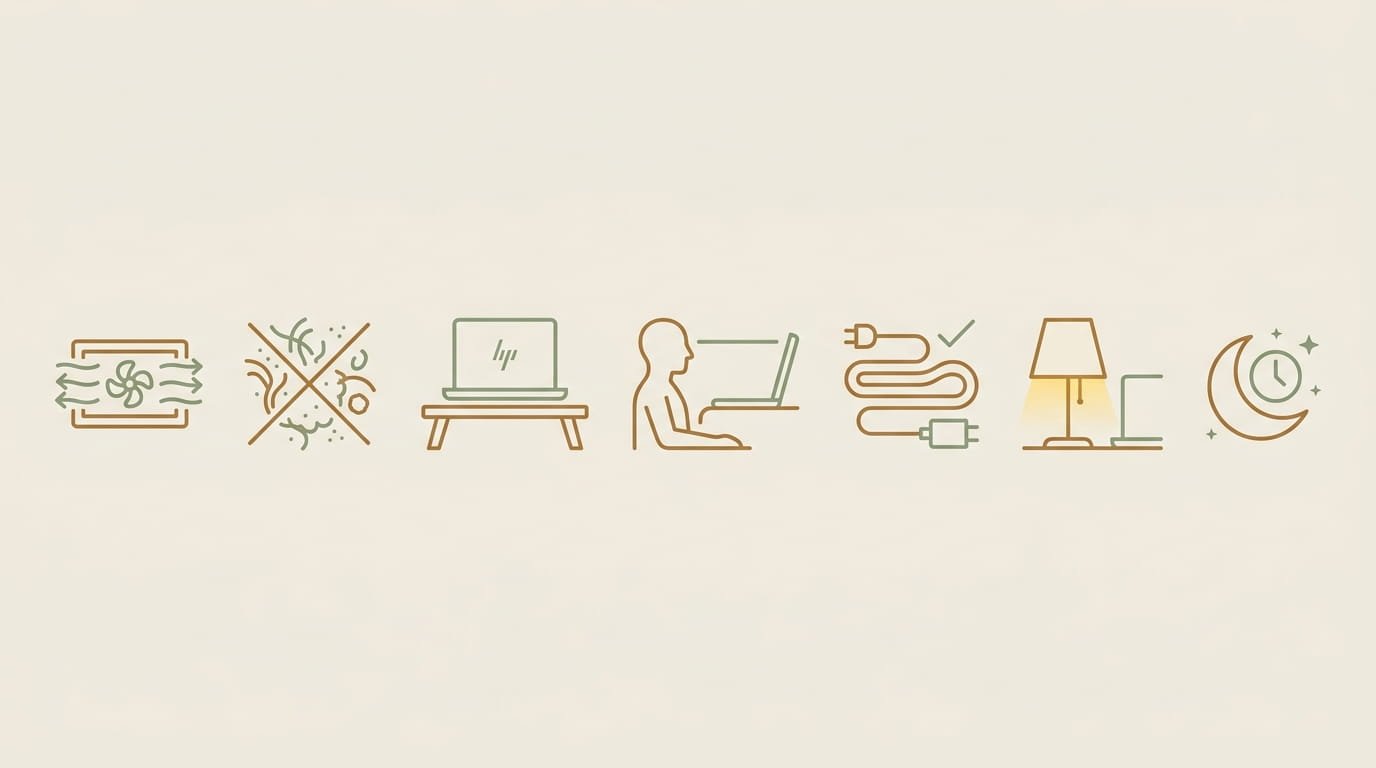 Seven rules for using an HP laptop on a bed safely, shown as icons.