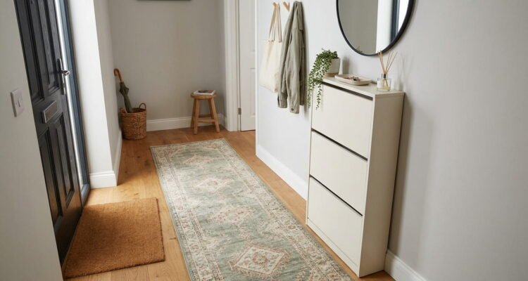 Slim tilt-out shoe cabinet in narrow hallway entryway shoe storage.