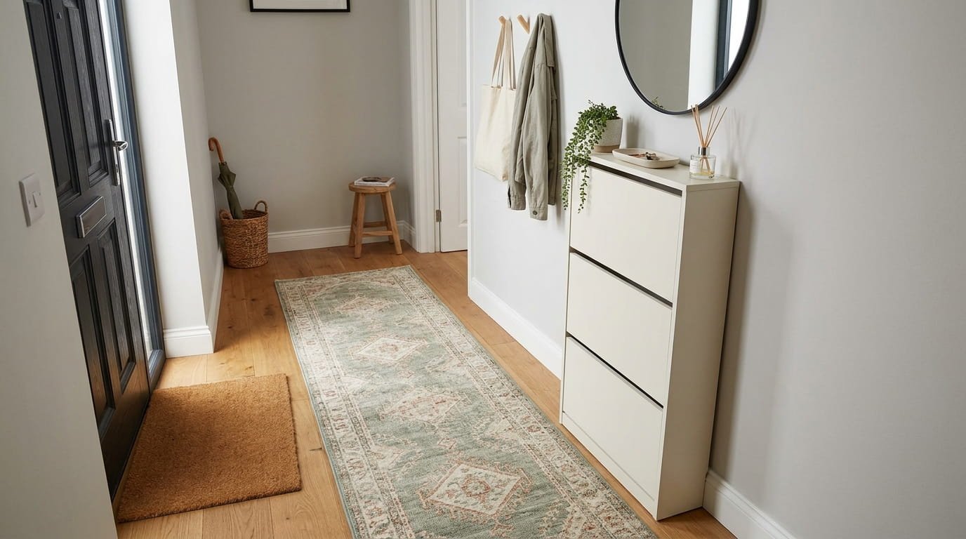 Slim tilt-out shoe cabinet in narrow hallway entryway shoe storage.