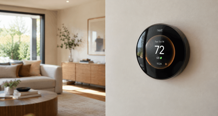 Google Nest Learning Thermostat 4th Gen mounted on a white living room wall with temperature display