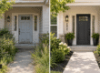 Split-screen image showing front porch before and after low-cost DIY curb appeal upgrades