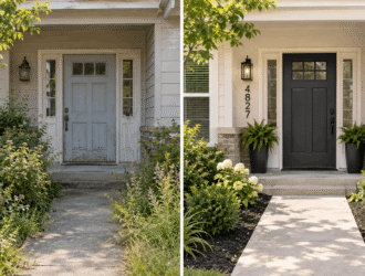 Split-screen image showing front porch before and after low-cost DIY curb appeal upgrades