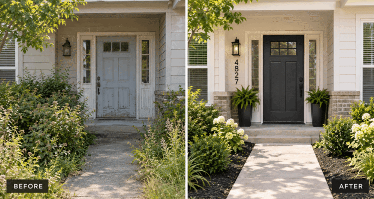 Split-screen image showing front porch before and after low-cost DIY curb appeal upgrades