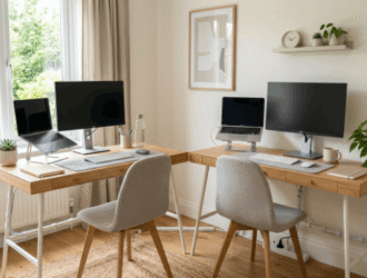 Two compact desks set up side by side in a small shared home office