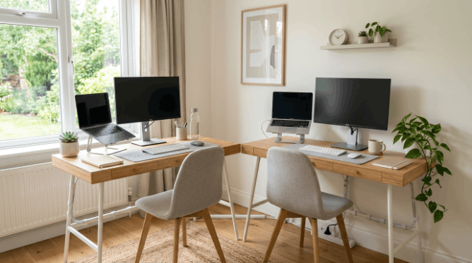 Two compact desks set up side by side in a small shared home office