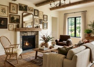 Updated modern farmhouse living room in 2026 featuring warm cream walls, mixed wood furniture, and vintage framed art.