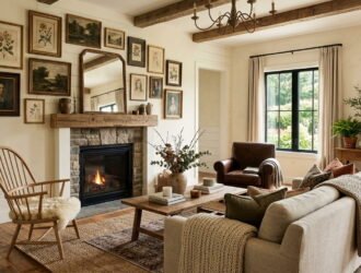 Updated modern farmhouse living room in 2026 featuring warm cream walls, mixed wood furniture, and vintage framed art.