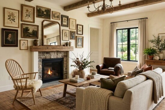 Updated modern farmhouse living room in 2026 featuring warm cream walls, mixed wood furniture, and vintage framed art.
