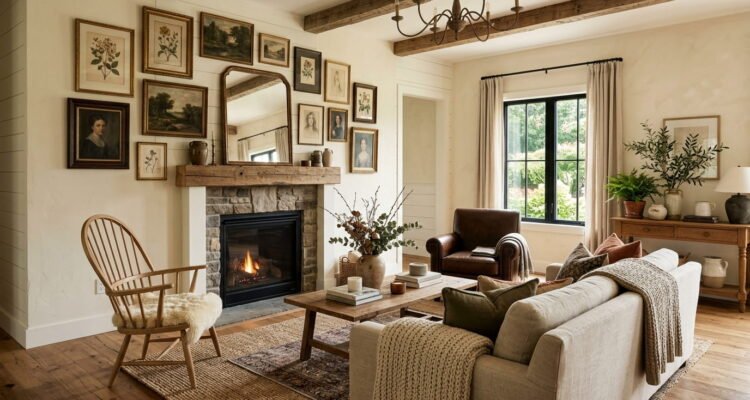 Updated modern farmhouse living room in 2026 featuring warm cream walls, mixed wood furniture, and vintage framed art.