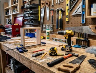 Weekend DIY home improvement tools on workbench