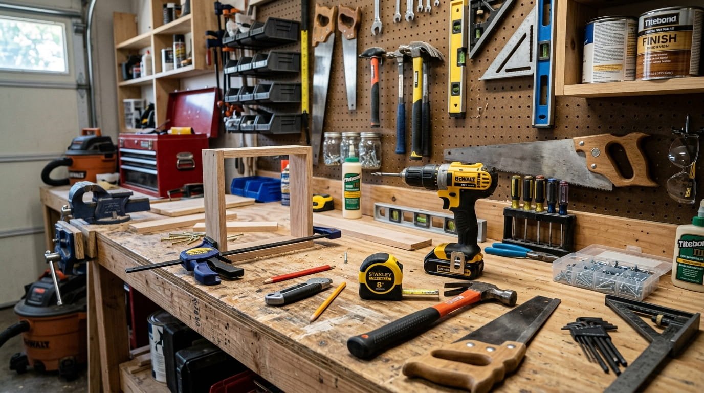 Weekend DIY home improvement tools on workbench