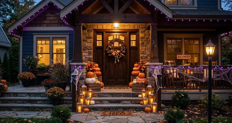 Featured Image Alt Text: DIY Halloween front porch decor with stacked pumpkins, lanterns, and door wreath