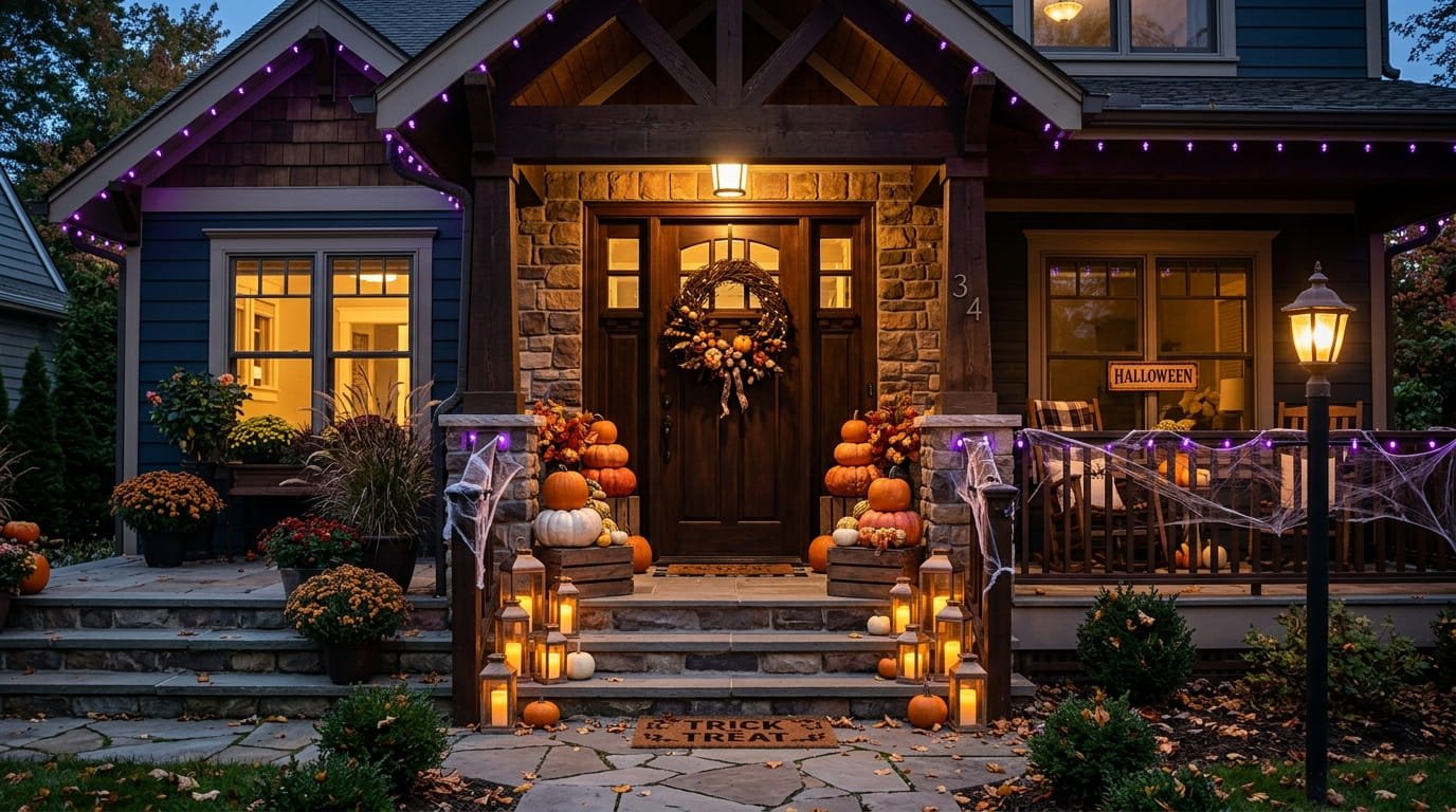 Featured Image Alt Text: DIY Halloween front porch decor with stacked pumpkins, lanterns, and door wreath