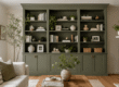 IKEA Billy bookcase built-in hack with green paint and brass hardware
