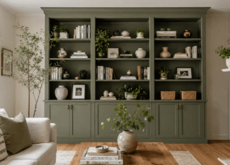 IKEA Billy bookcase built-in hack with green paint and brass hardware