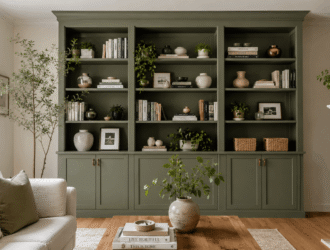 IKEA Billy bookcase built-in hack with green paint and brass hardware