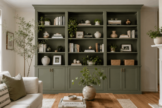 IKEA Billy bookcase built-in hack with green paint and brass hardware