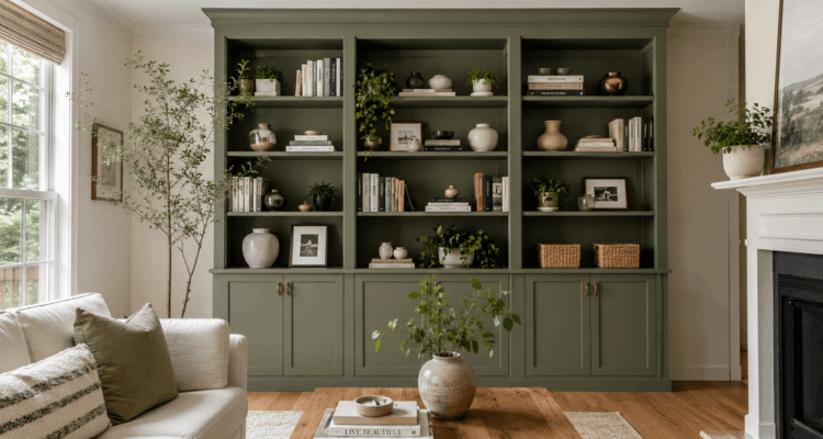 IKEA Billy bookcase built-in hack with green paint and brass hardware