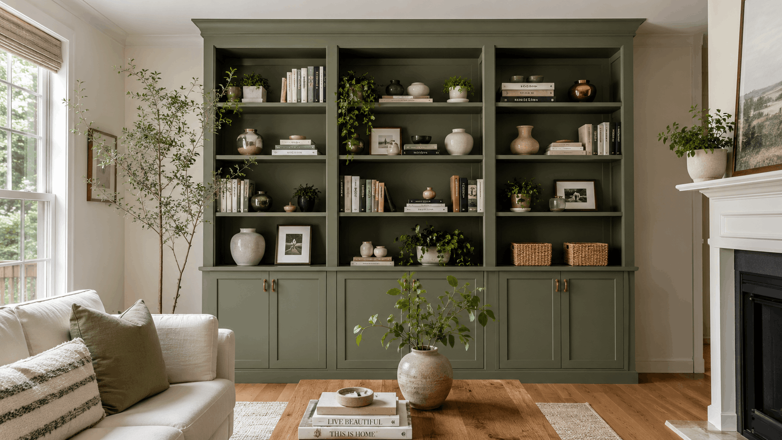 IKEA Billy bookcase built-in hack with green paint and brass hardware