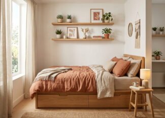 Modern studio apartment layout with open bookshelf room divider and distinct living zones