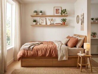 Modern studio apartment layout with open bookshelf room divider and distinct living zones