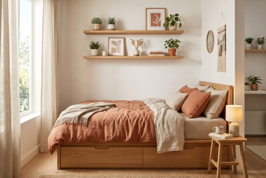 Modern studio apartment layout with open bookshelf room divider and distinct living zones