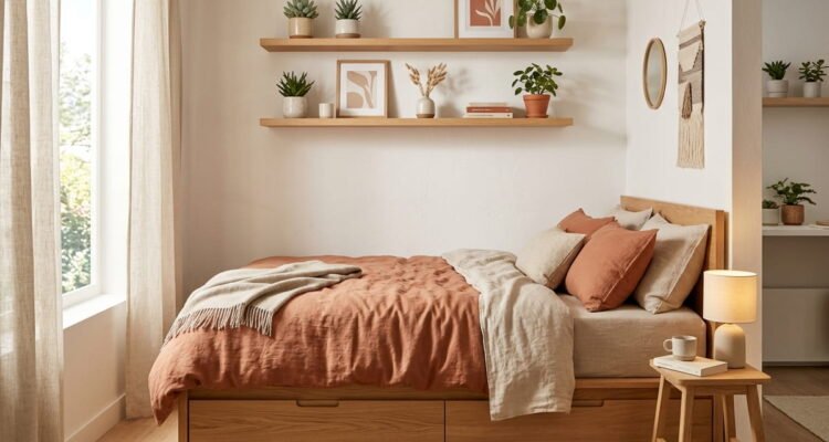 Modern studio apartment layout with open bookshelf room divider and distinct living zones