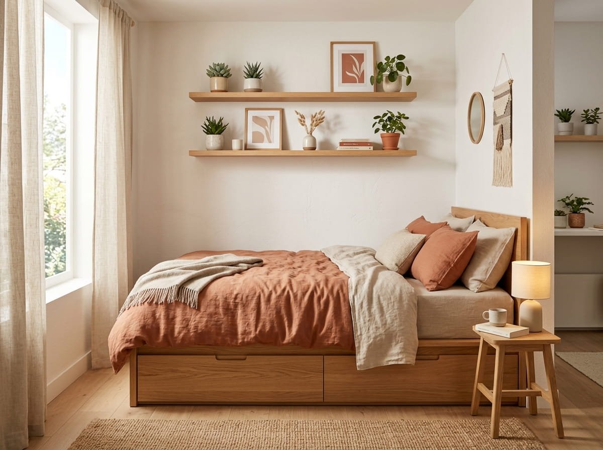 Modern studio apartment layout with open bookshelf room divider and distinct living zones
