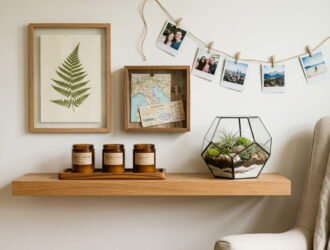 Travel keepsakes styled as home decor, including a framed pressed fern, shadow box, soy candles and a terrarium