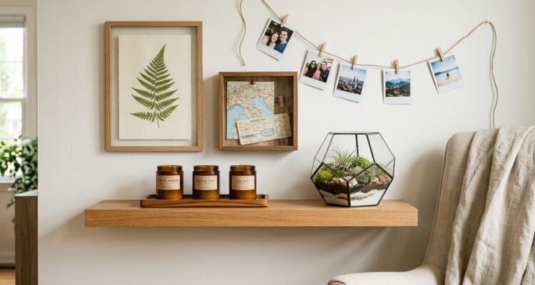 Travel keepsakes styled as home decor, including a framed pressed fern, shadow box, soy candles and a terrarium