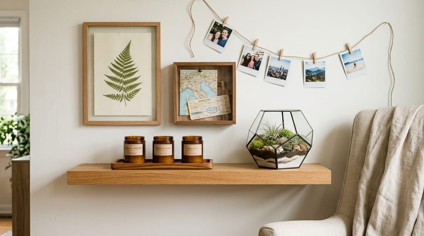 Travel keepsakes styled as home decor, including a framed pressed fern, shadow box, soy candles and a terrarium