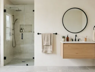Bright bathroom with a black towel bar by the shower door, a folded bath towel and a hand towel ring near the mirror