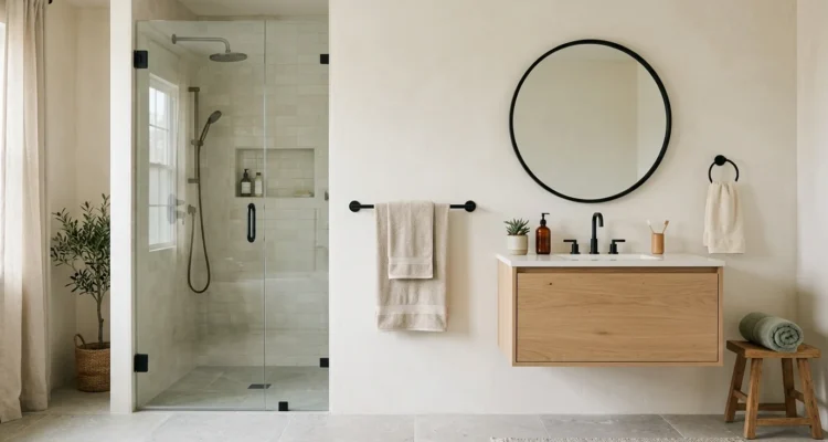 Bright bathroom with a black towel bar by the shower door, a folded bath towel and a hand towel ring near the mirror
