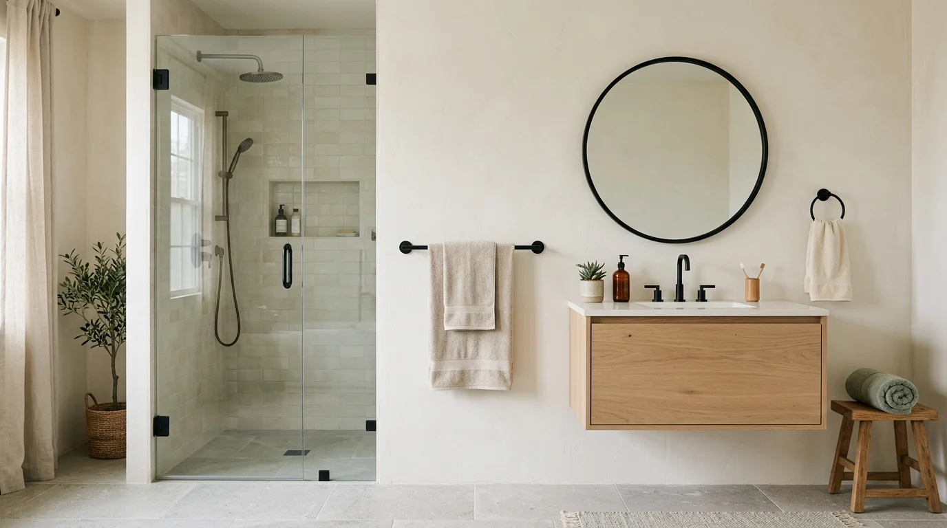 Bright bathroom with a black towel bar by the shower door, a folded bath towel and a hand towel ring near the mirror